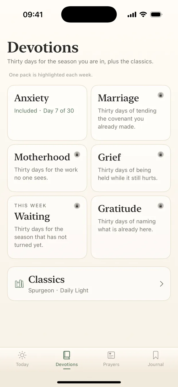The theme library in Psalmwell: thirty-day packs for anxiety, marriage, motherhood, grief, waiting and gratitude
