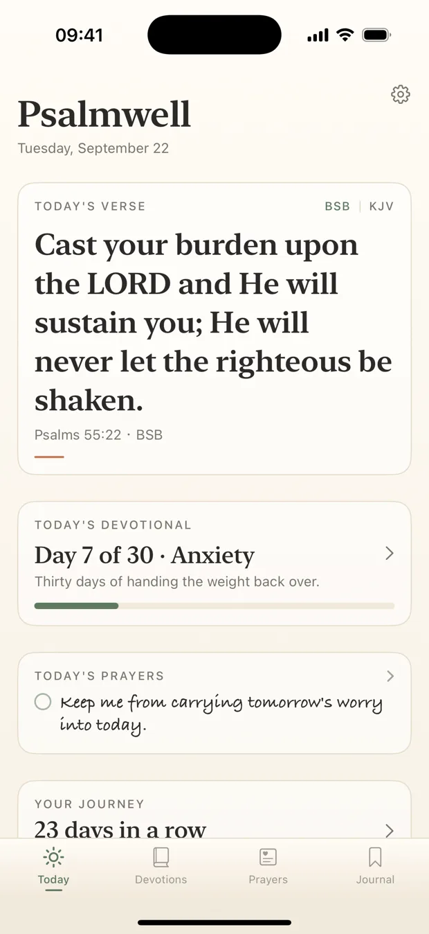 The Psalmwell home screen on iPhone: today’s verse from Psalms in BSB, day 7 of a 30-day Anxiety devotional, and today’s prayers